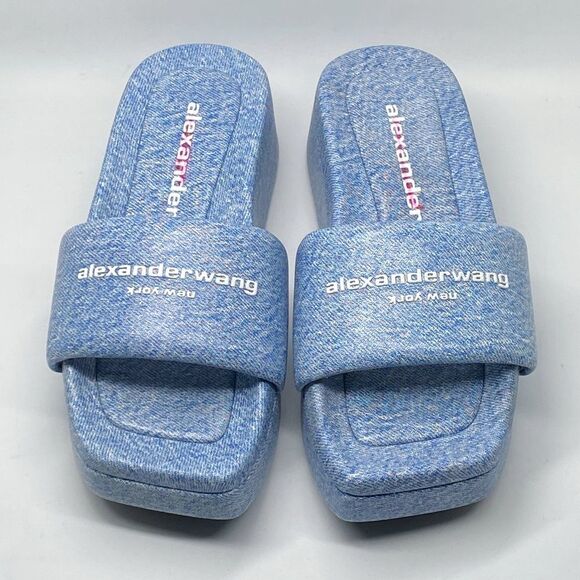 Alexander Wang Float Denim Print Leather Platform Sandals size 38 - Picture 2 of 11